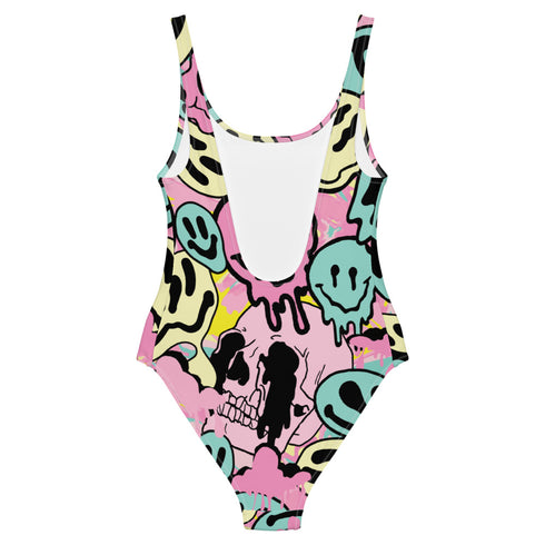 Pastel Melted Neon Smiley Print One-Piece Swimsuit