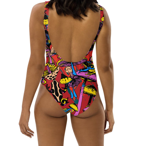 Magic Mushrooms and Frogs One-Piece Swimsuit in red