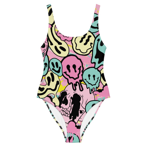 Pastel Melted Neon Smiley Print One-Piece Swimsuit