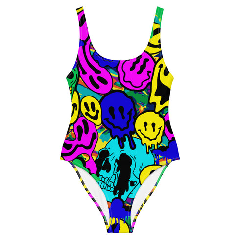 Melted Neon Smiley Print One-Piece Swimsuit