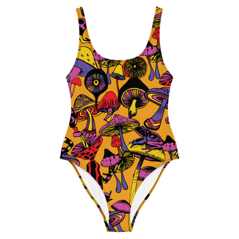 Magic Mushrooms and Frogs One-Piece Swimsuit in Orange