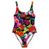 A colorful one-piece swimsuit features a vibrant, quirky pattern with cherries, cartoon eyes, and playful designs on a dark background.