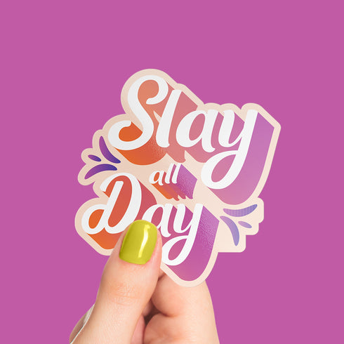 Orange "Slay All Day" Premium Vinyl Sticker, Typography Quote, Glossy Laptop Decal