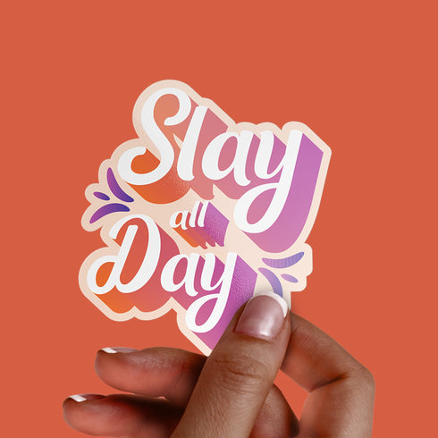 Orange "Slay All Day" Premium Vinyl Sticker, Typography Quote, Glossy Laptop Decal