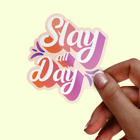Orange "Slay All Day" Premium Vinyl Sticker, Typography Quote, Glossy Laptop Decal