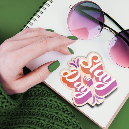 Orange "Slay All Day" Premium Vinyl Sticker, Typography Quote, Glossy Laptop Decal