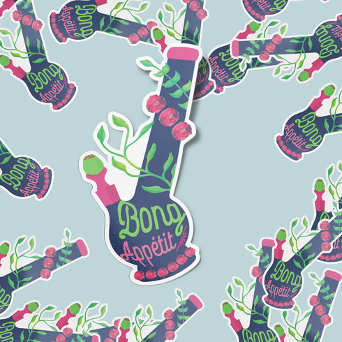 Cannabis Weed Botanical "Bong Appétit" Premium Vinyl Sticker, Weed and Cannabis Laptop Decals, Stoner Gifts