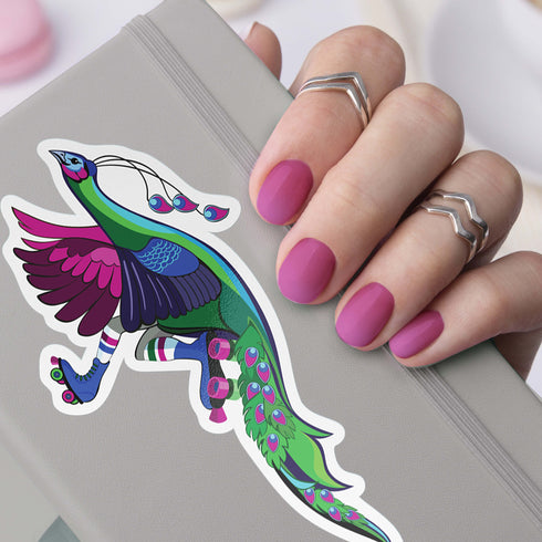 Art Deco Roller Skating Peacock Premium Vinyl Sticker, Roller Skating Hydroflask Sticker, Quad Skates Stickers