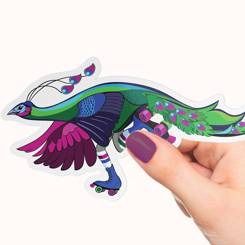 Art Deco Roller Skating Peacock Premium Vinyl Sticker, Roller Skating Hydroflask Sticker, Quad Skates Stickers