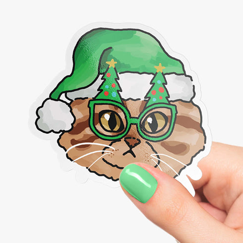 Christmas Cat Holographic Vinyl Sticker, Cat Stickers, Holiday Gift for Cat Lovers, Cat Stickers for Laptop, Stocking Stuffers