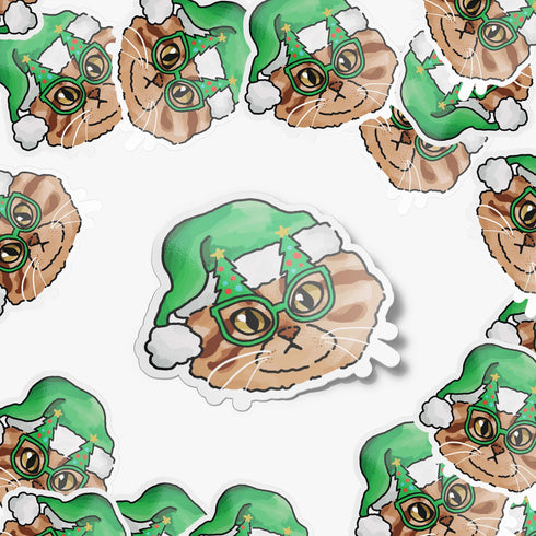 Christmas Cat Holographic Vinyl Sticker, Cat Stickers, Holiday Gift for Cat Lovers, Cat Stickers for Laptop, Stocking Stuffers