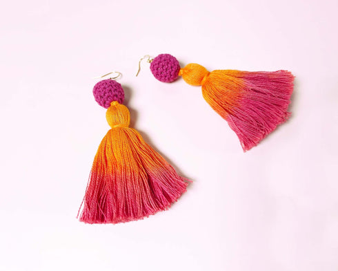Statement Tassel Earrings w/ 18K Gold Plated Post, Long Fringe Ombre Earrings, Dangle Earrings for Her, Crochet Earrings, Bohemian Jewelry