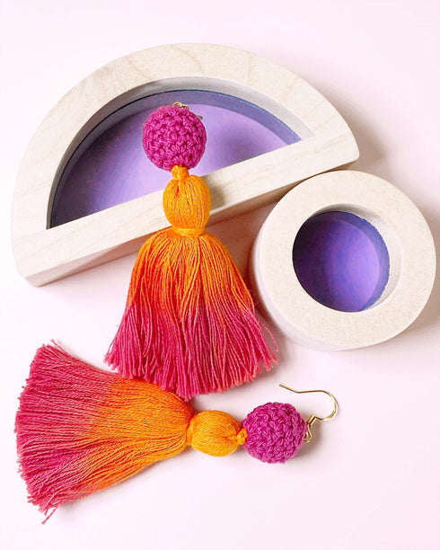 Statement Tassel Earrings w/ 18K Gold Plated Post, Long Fringe Ombre Earrings, Dangle Earrings for Her, Crochet Earrings, Bohemian Jewelry
