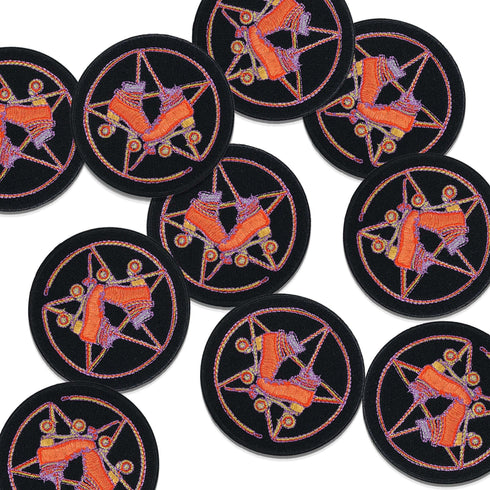 Patch featuring orange roller skates over a purple pentagram, set against a black background. The design combines playful skating elements with a mystical, witchy twist.