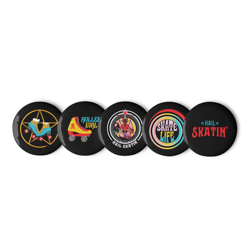 Roll with It Roller Skate Button Pins Set - 5 Pack, Skater Love, Pentagram Skate, Skate Life, Roller Girl - Show Your Roller Spirit!