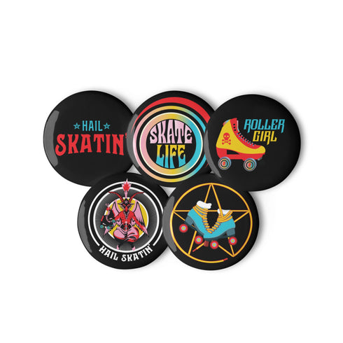 Roll with It Roller Skate Button Pins Set - 5 Pack, Skater Love, Pentagram Skate, Skate Life, Roller Girl - Show Your Roller Spirit!