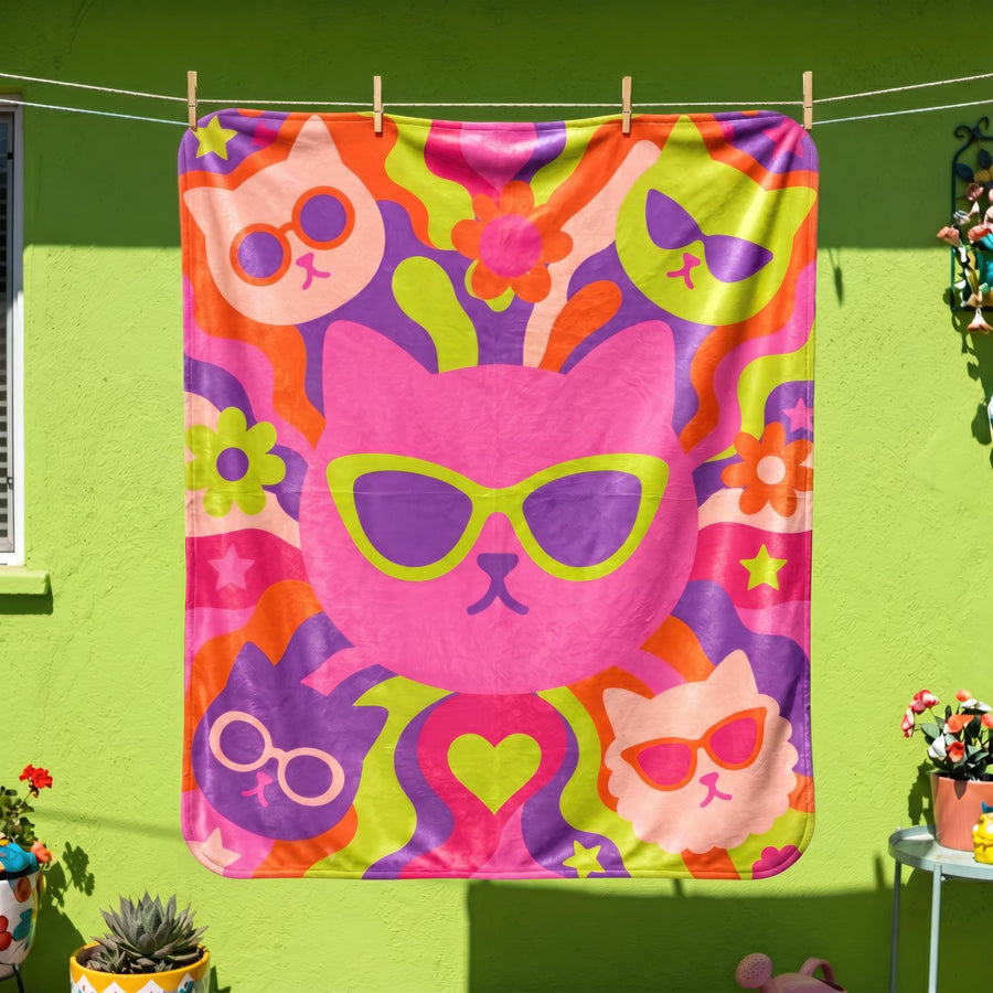 Psychedelic Trippy Cat Sherpa Blanket