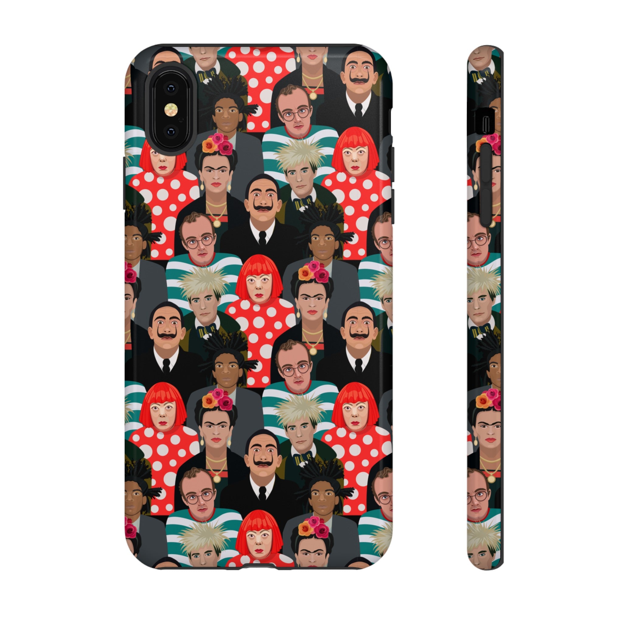 Stylish phone case with a colorful collage of iconic artists including Frida Kahlo, Warhol, Dali, and Keith Haring. Vibrant pop art design features stylized portraits on a dark background, perfect for art lovers.