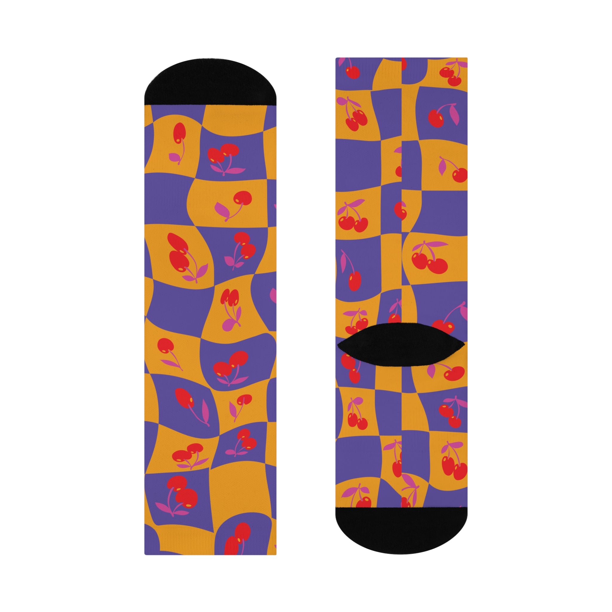 Yellow and Purple checkerboard socks with cherry print. Retro-inspired design.