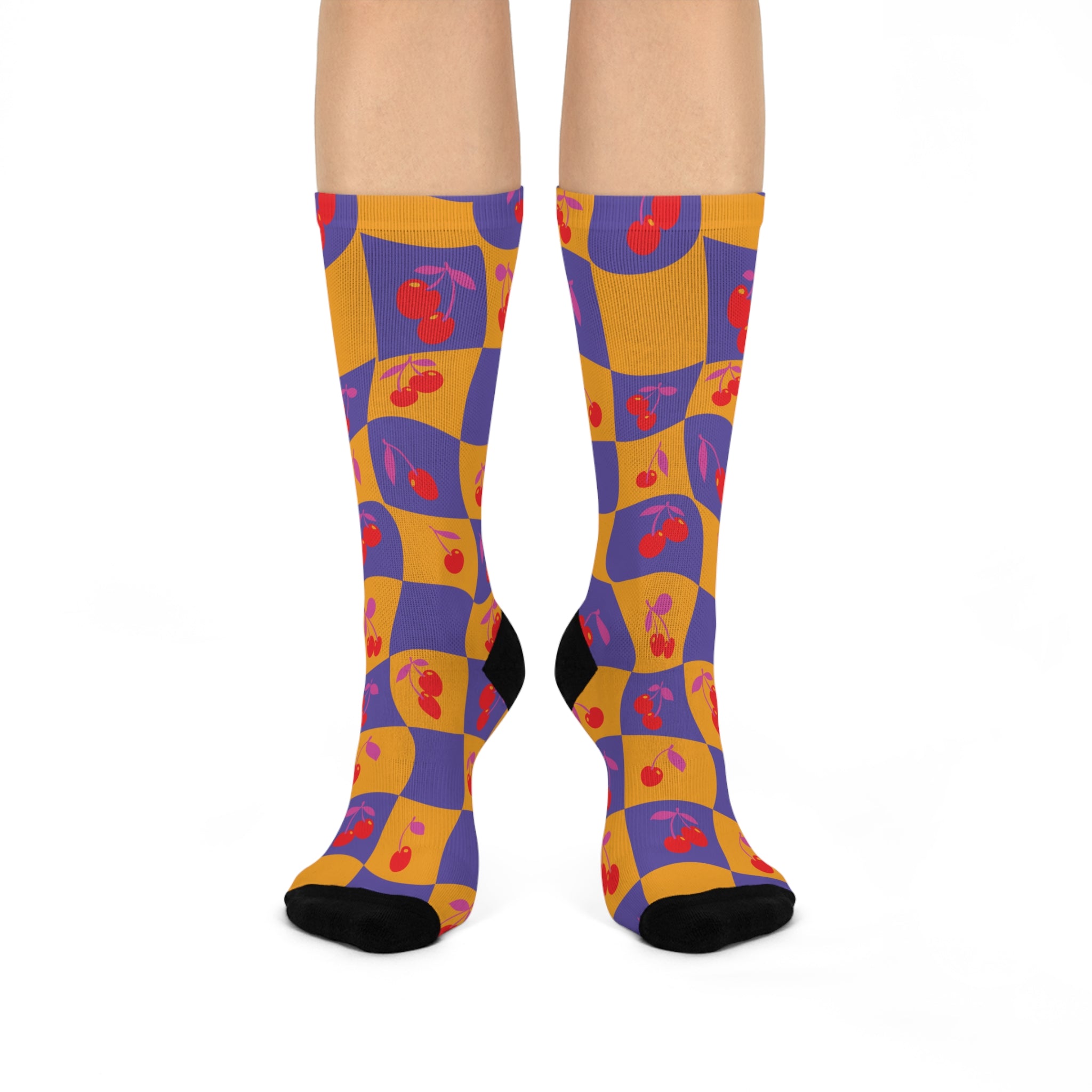 Yellow and Purple checkerboard socks with cherry print. Retro-inspired design.