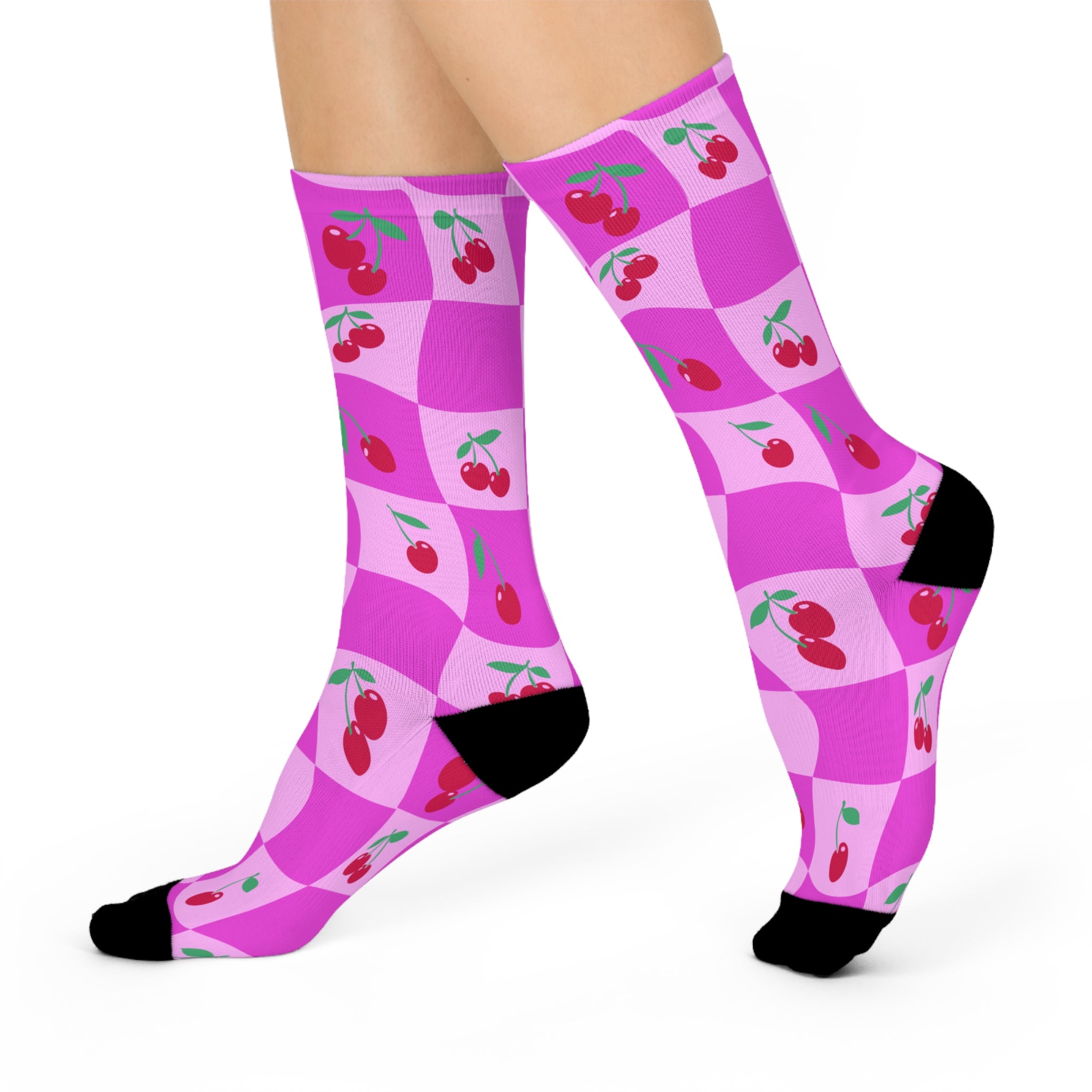 Pink and magenta checkerboard socks with cherry print. Retro-inspired design with a coquette aesthetic by Honey Dazed.