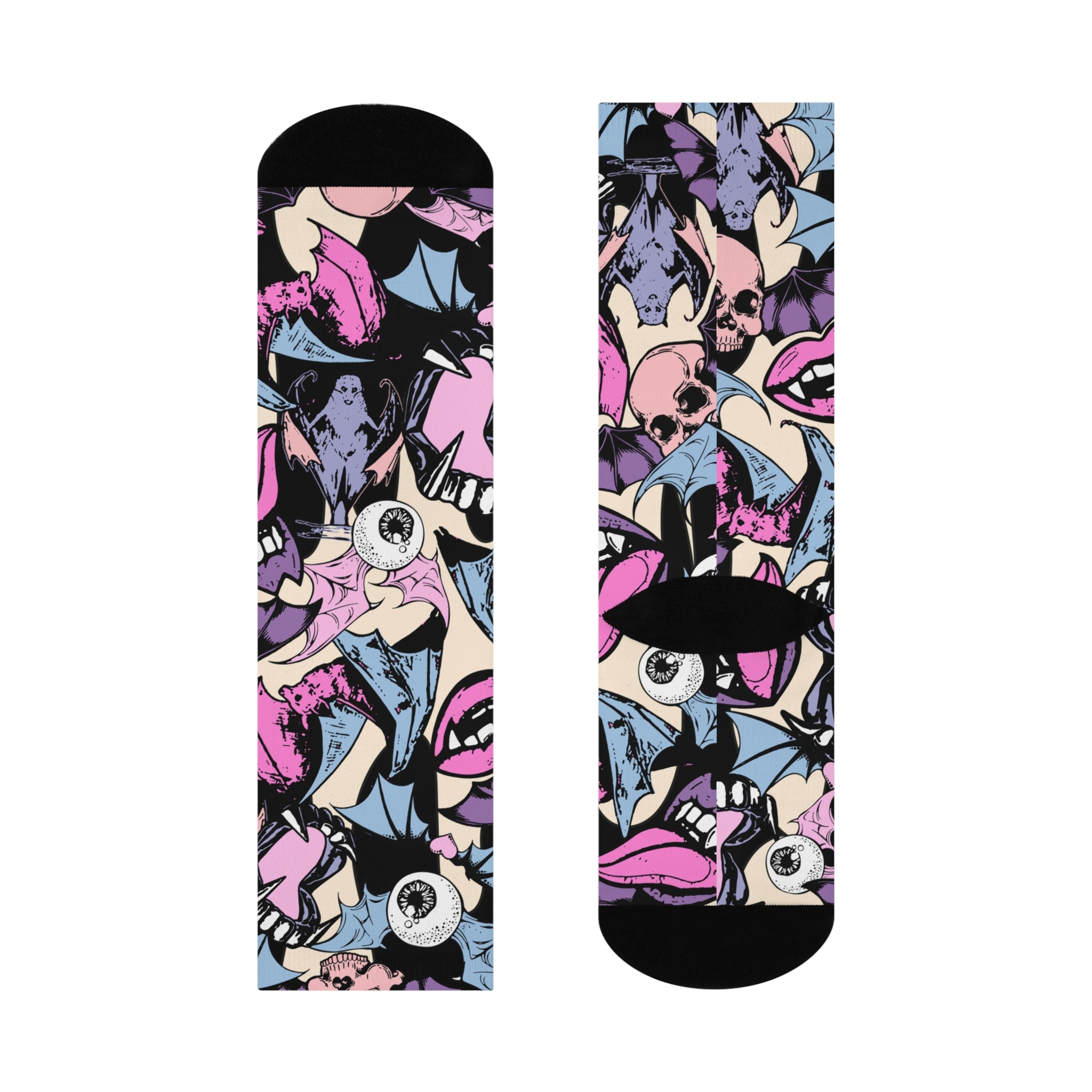 Freaky-fabulous socks sprawled on pink. Bats, skulls, and eyeballs galore. Punk rock meets Dracula's yard sale. Slip these on and let your feet do the screaming.