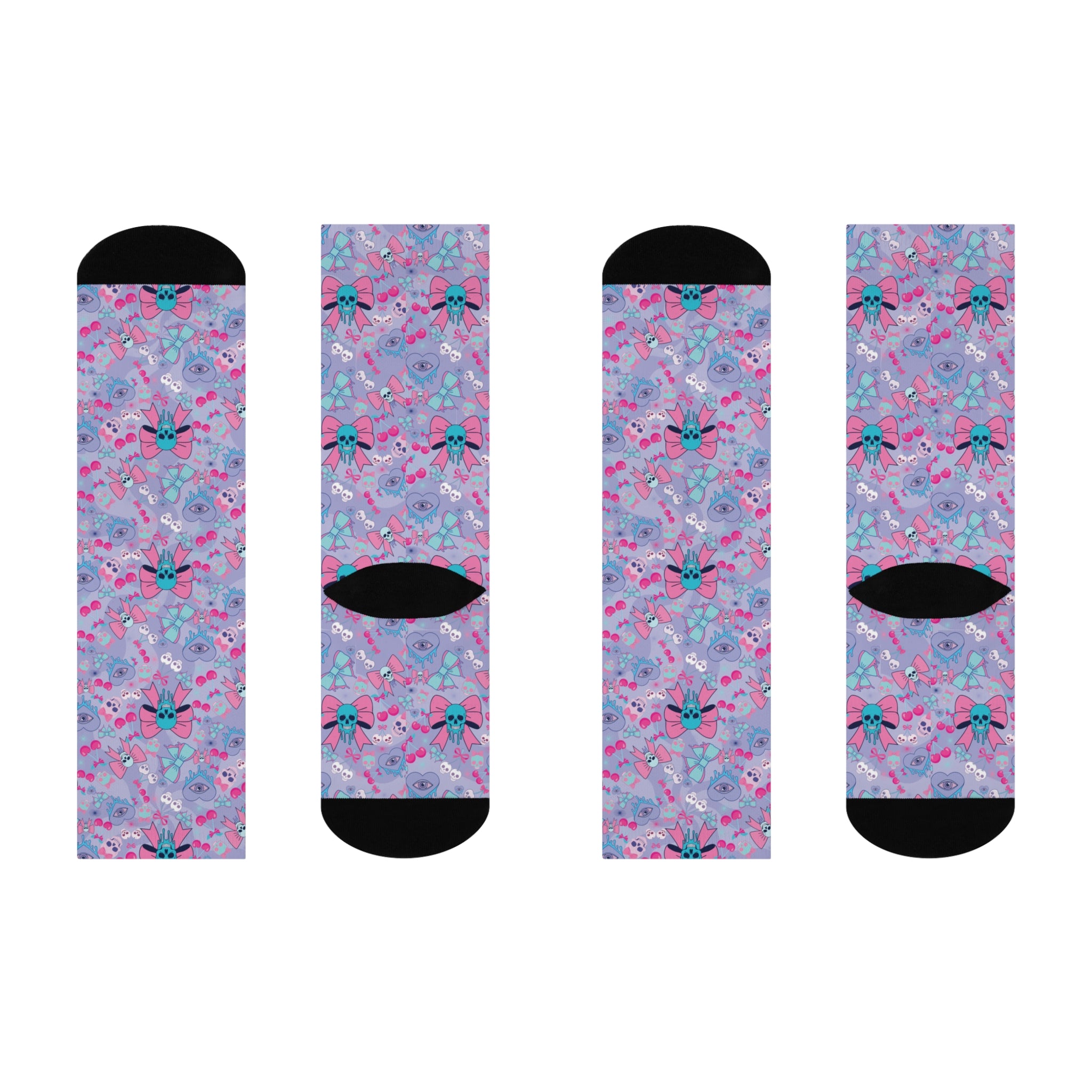 Knee-high socks worn on legs, featuring a pastel blue background with a quirky pattern. The pattern includes pink and teal skulls, some adorned with bows, alongside images of cherries, hearts, and additional bow designs. The socks have black toes and heels, contrasting with the colorful pattern. The overall effect is a playful mix of cute and edgy elements.