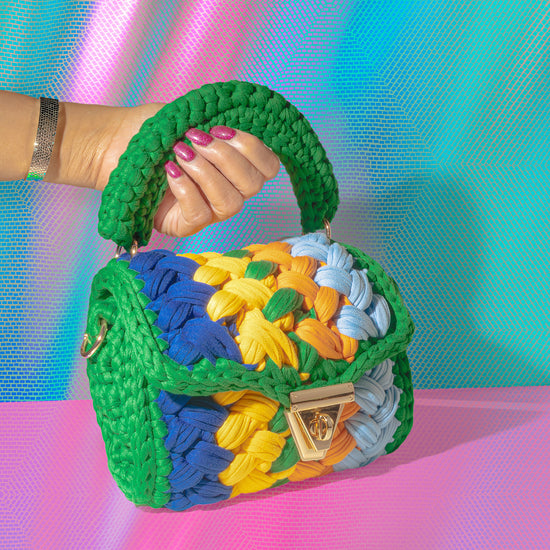 Harmony Woven Crochet Handbag in Emerald & Blue