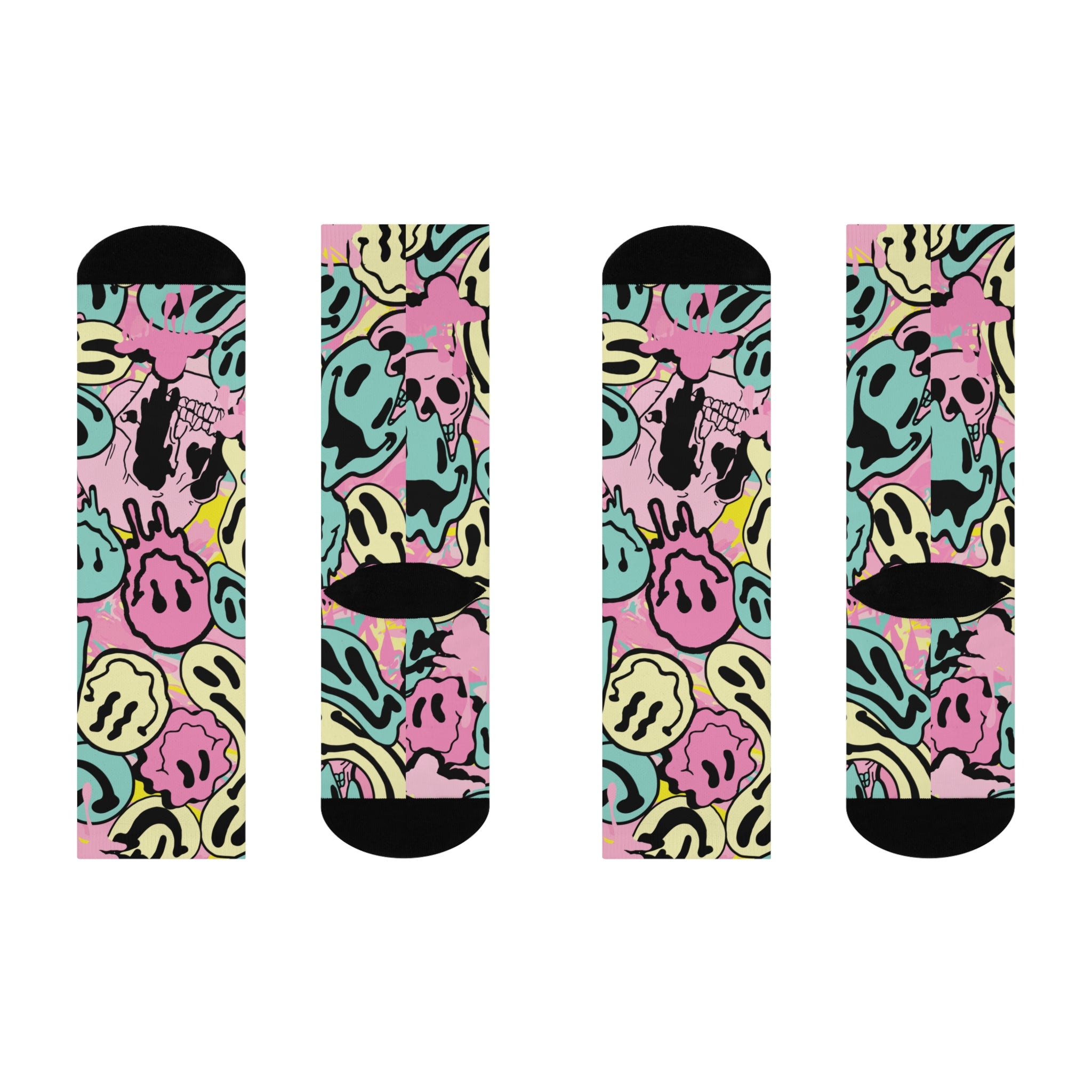 Fun and vibrant socks adorned with a 90s-inspired design of melting smiley faces in various colors, with black heels and toes, perfect for those who love retro and unique styles.