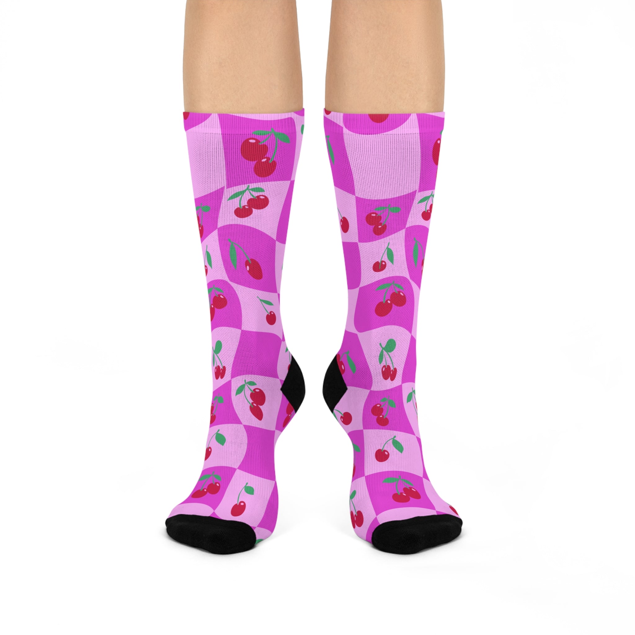 Pink and magenta checkerboard socks with cherry print. Retro-inspired design with a coquette aesthetic by Honey Dazed.