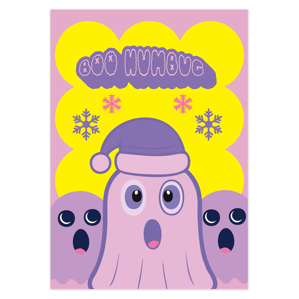 Christmas card with a playful ghost theme. Central cute pink ghost wearing a purple Santa hat, flanked by two smaller purple ghosts. Yellow background with snowflakes. Text reads 