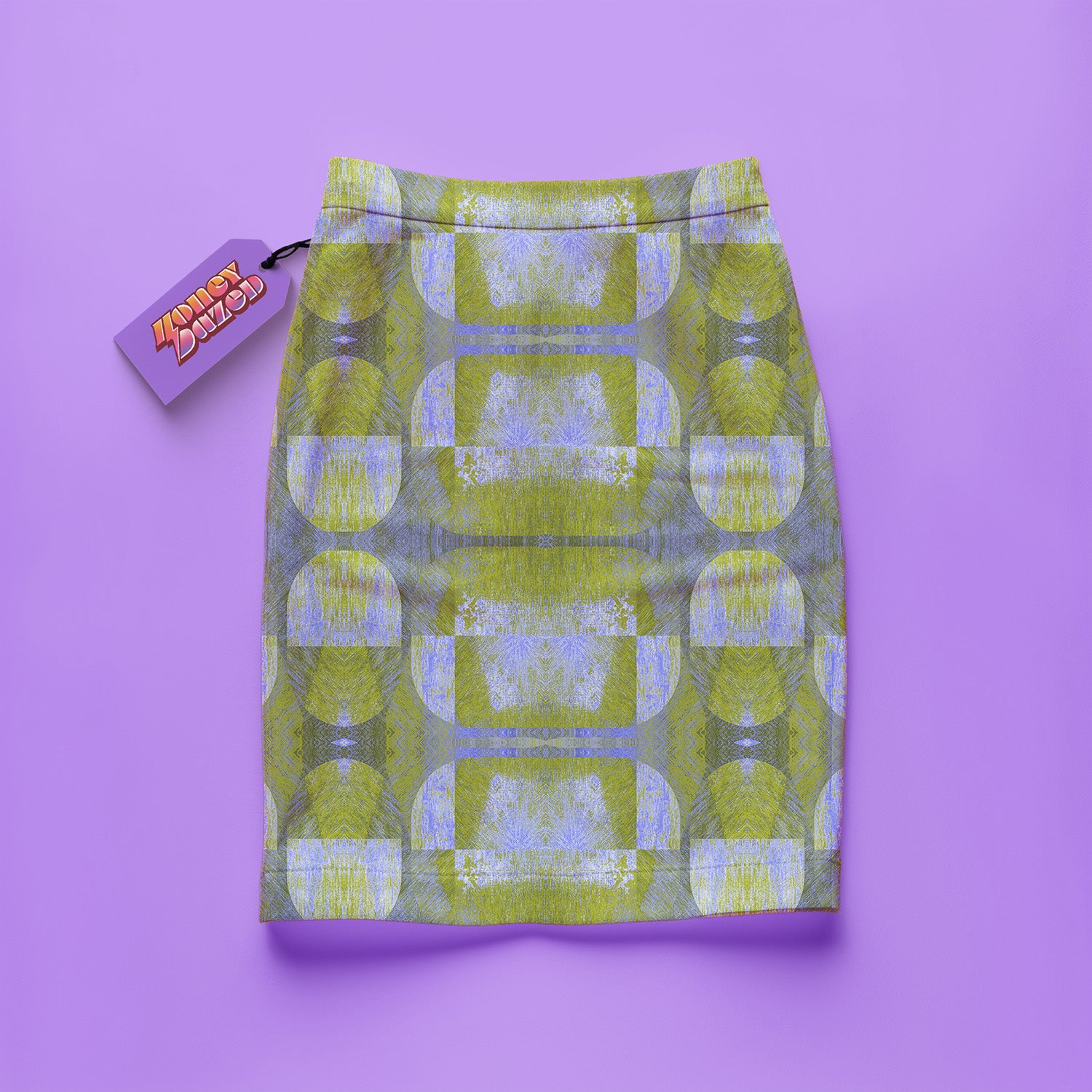 a purple and green skirt with a purple tag on it