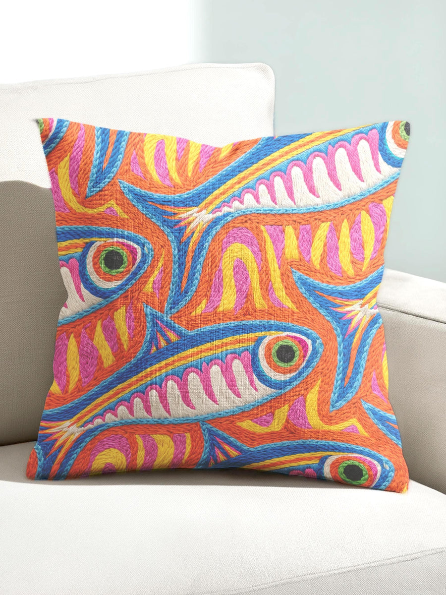 Flat printed square throw pillow cover featuring a faux embroidery texture. The vibrant maximalist design showcases stylized blue, pink, yellow, and white fish swimming in a dynamic, swirling pattern across a bright orange background. The artwork mimics heavy crewelwork yarn and stitching, but the material is a smooth 2D flat print. The pillow is shown as a finished square cover, designed to add bright, colorful eclectic fisherman aesthetic decor to any sofa or seating area.