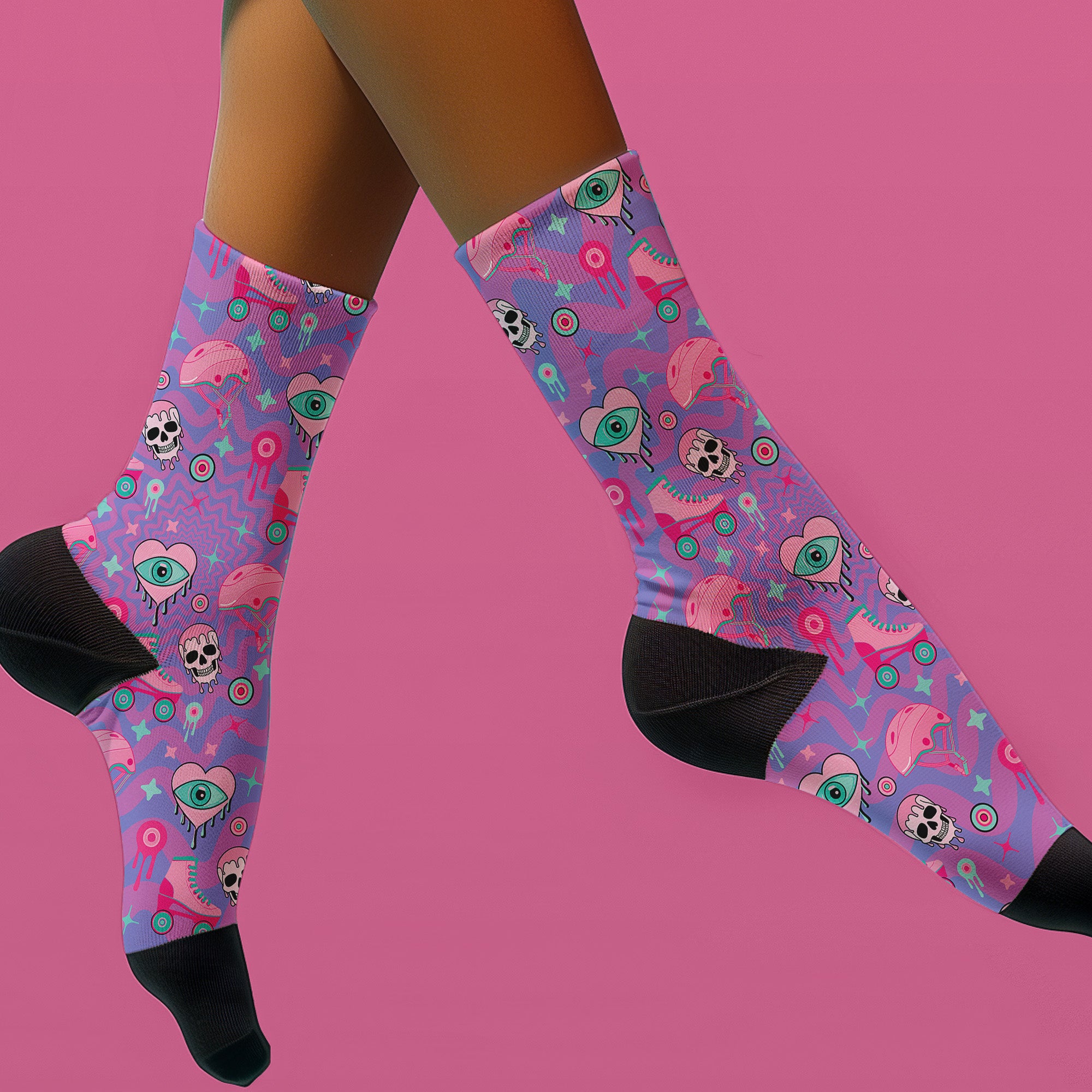 Pink Roller Skate Skull Socks