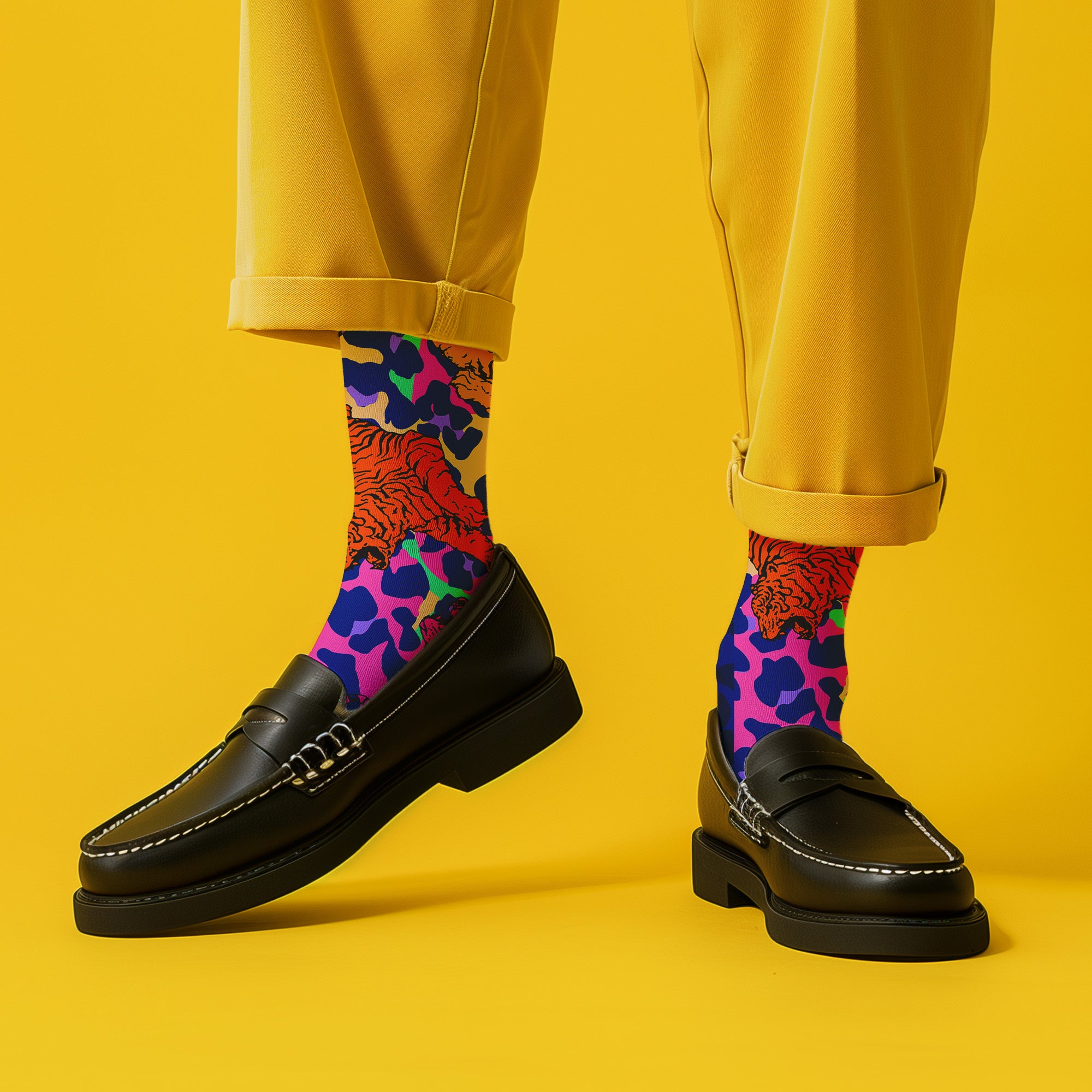 Stylish jungle-themed socks with tigers and abstract camo patterns in a palette of purple, blue, and pink, laid out on a yellow background, ideal for adding a pop of color to your wardrobe
