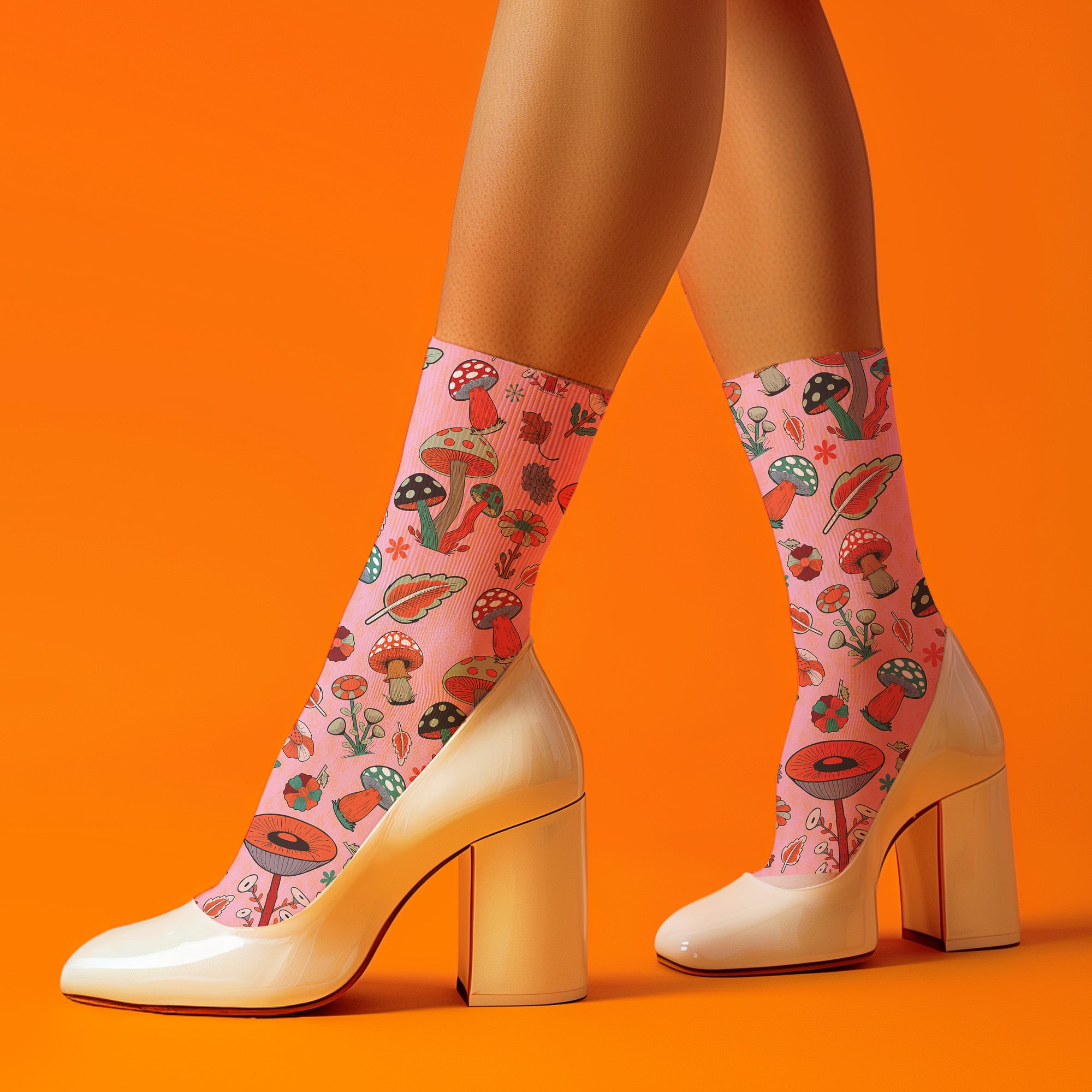 Cute mushroom-themed pink socks with various fungi and nature illustrations, black heels and toes, ideal for casual wear or gifting