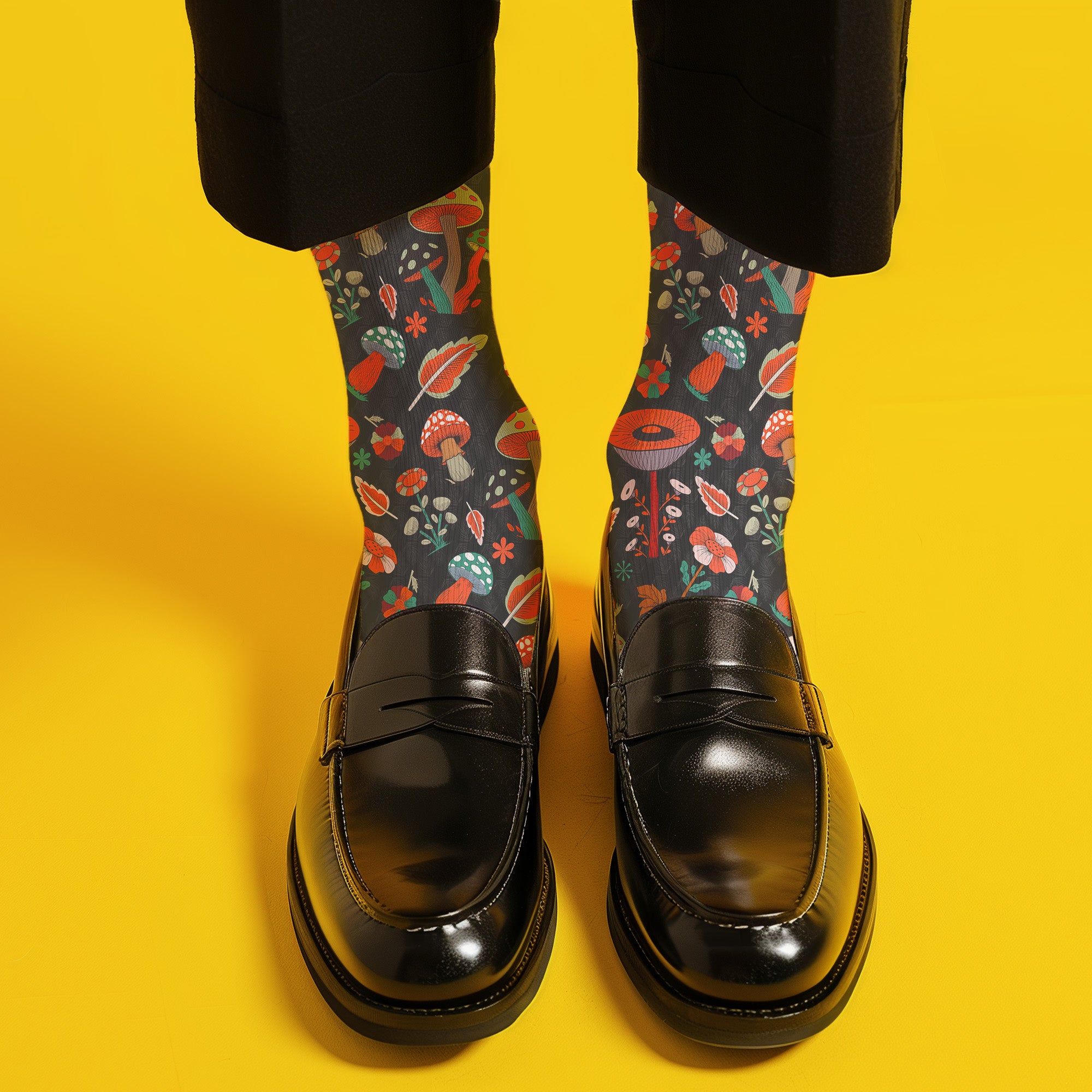 Stylish black socks with a vibrant pattern of mushrooms and nature elements, featuring black heels and toes, ideal for those who appreciate quirky and whimsical designs.