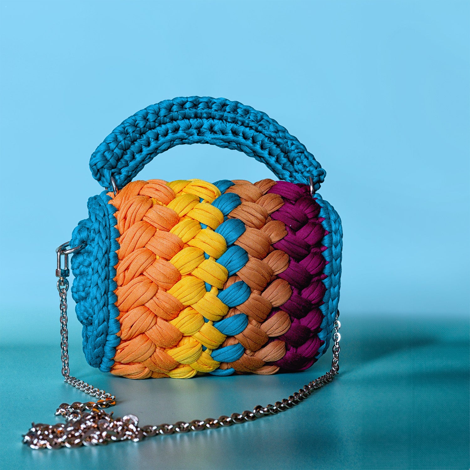 Harmony Woven Crochet Handbag in Teal & Wine