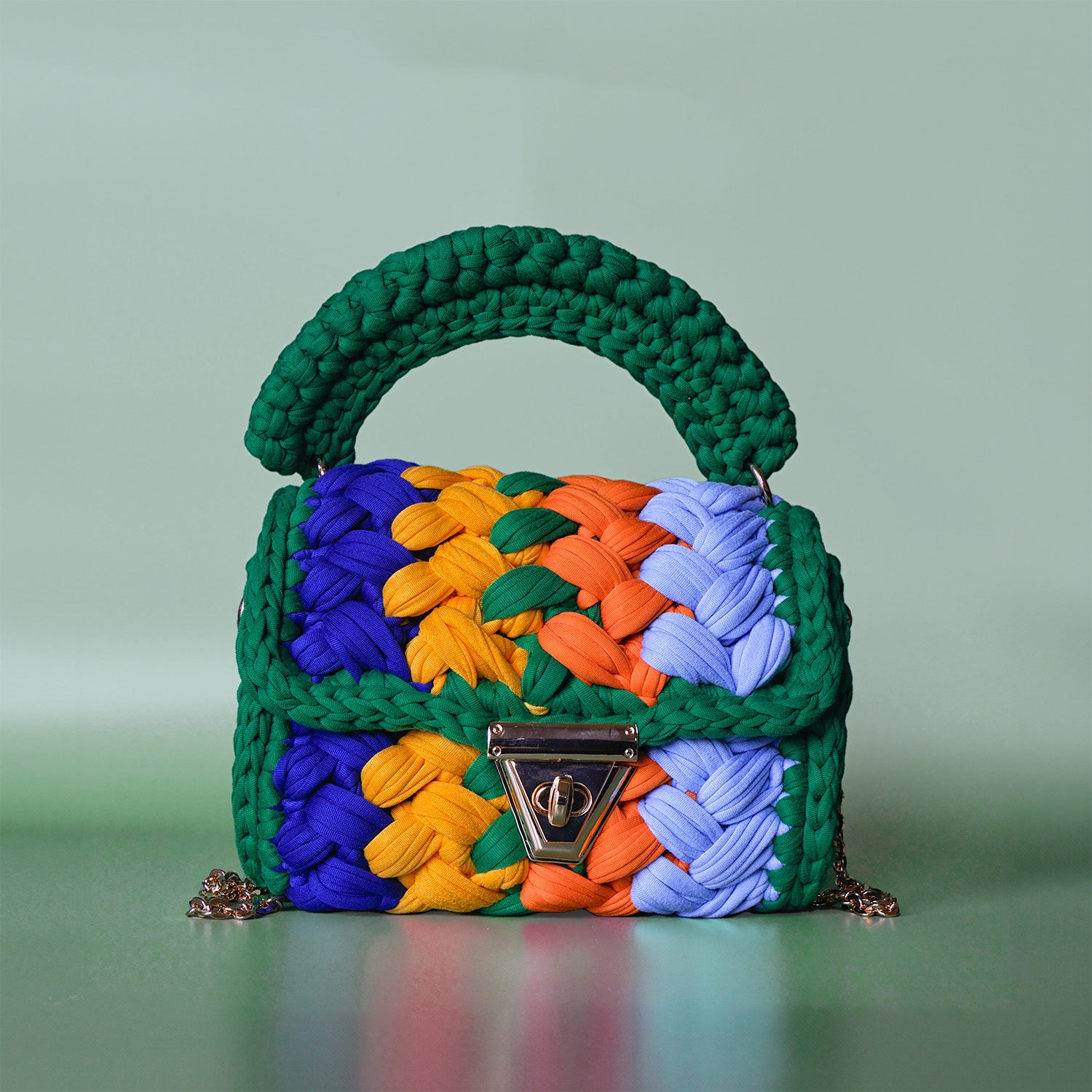 Harmony Woven Crochet Handbag in Emerald & Blue