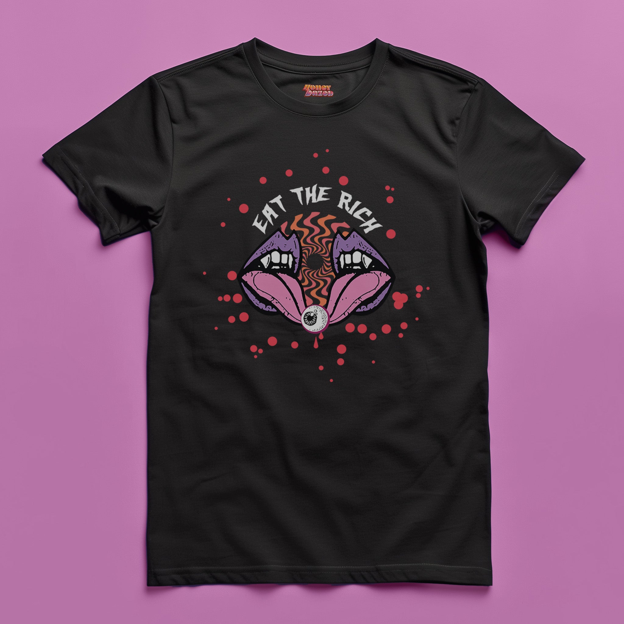 White t-shirt featuring a surreal, psychedelic design centered on the chest. An open mouth with sharp vampire-like teeth and pink tongue dominates the image. Between the teeth, a hypnotic swirling pattern in rainbow colors leads to a single eyeball on the tongue. 