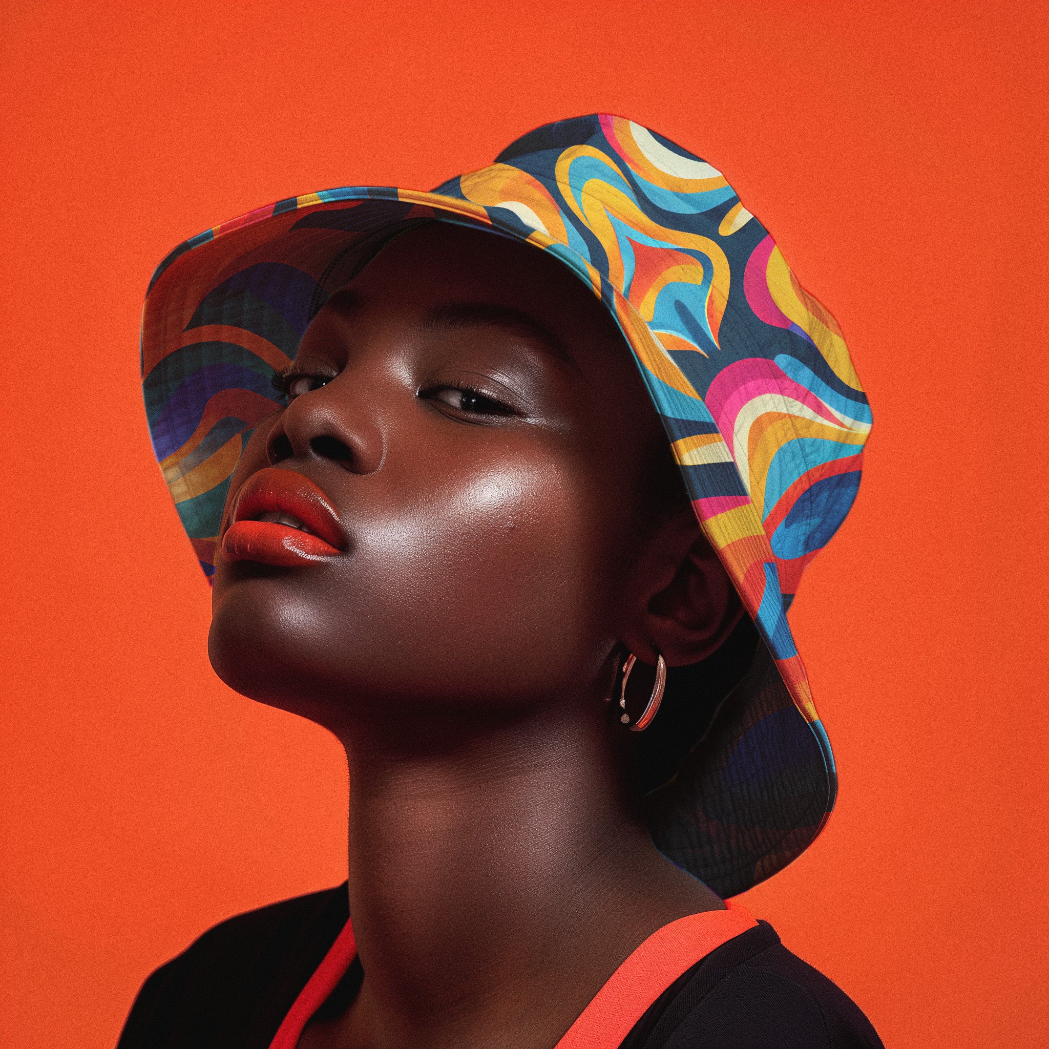 a woman with a colorful hat on her head