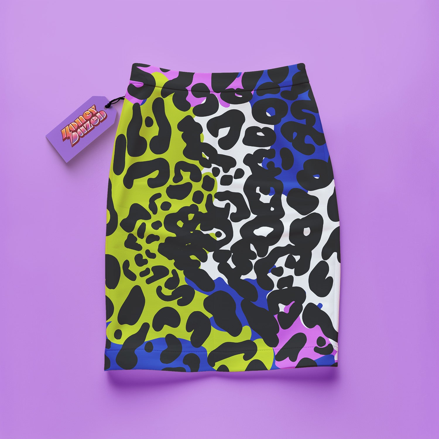 a purple and black leopard print skirt next to a candy bar