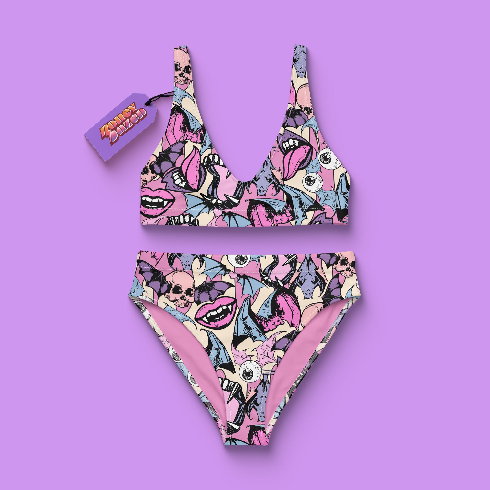 a bathing suit on a purple background