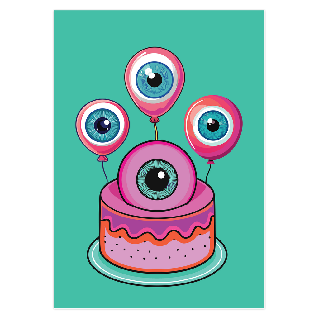 Quirky birthday card with teal background. Pink-purple cake topped by large cartoon eyeball. Three eyeball-shaped balloons float above, each with blue iris and pink edges. Inside message: 