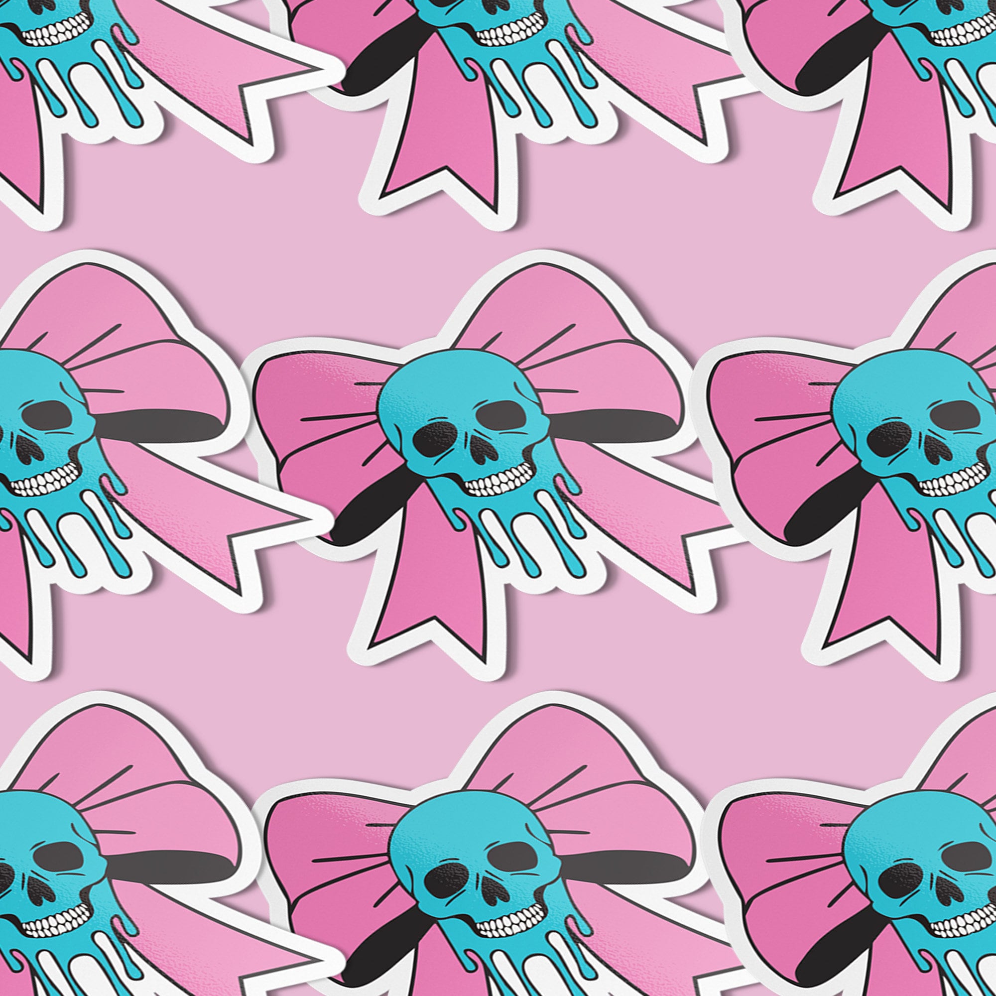 Pastel goth skull bow sticker with a blue skull and pink bow, perfect for creepy cute and punk lovers. Available in Prism, Gem, and Glitter finishes. Handmade in Austin, Texas.