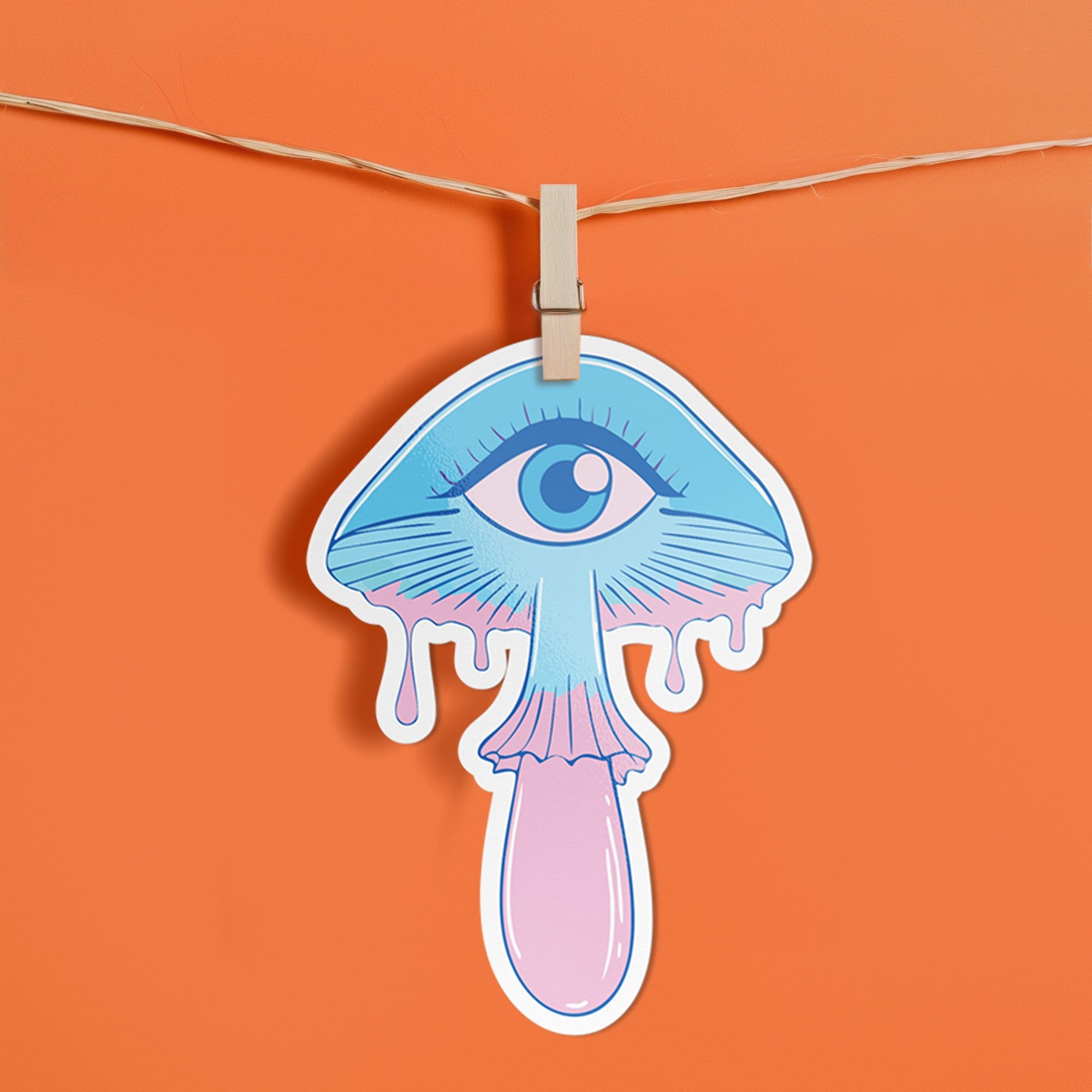 Surreal eyeball mushroom sticker in pastel colors, ideal for decorating laptops, phones, and water bottles. Available in Prism, Gem, and Glitter finishes. Handmade in Austin, Texas.