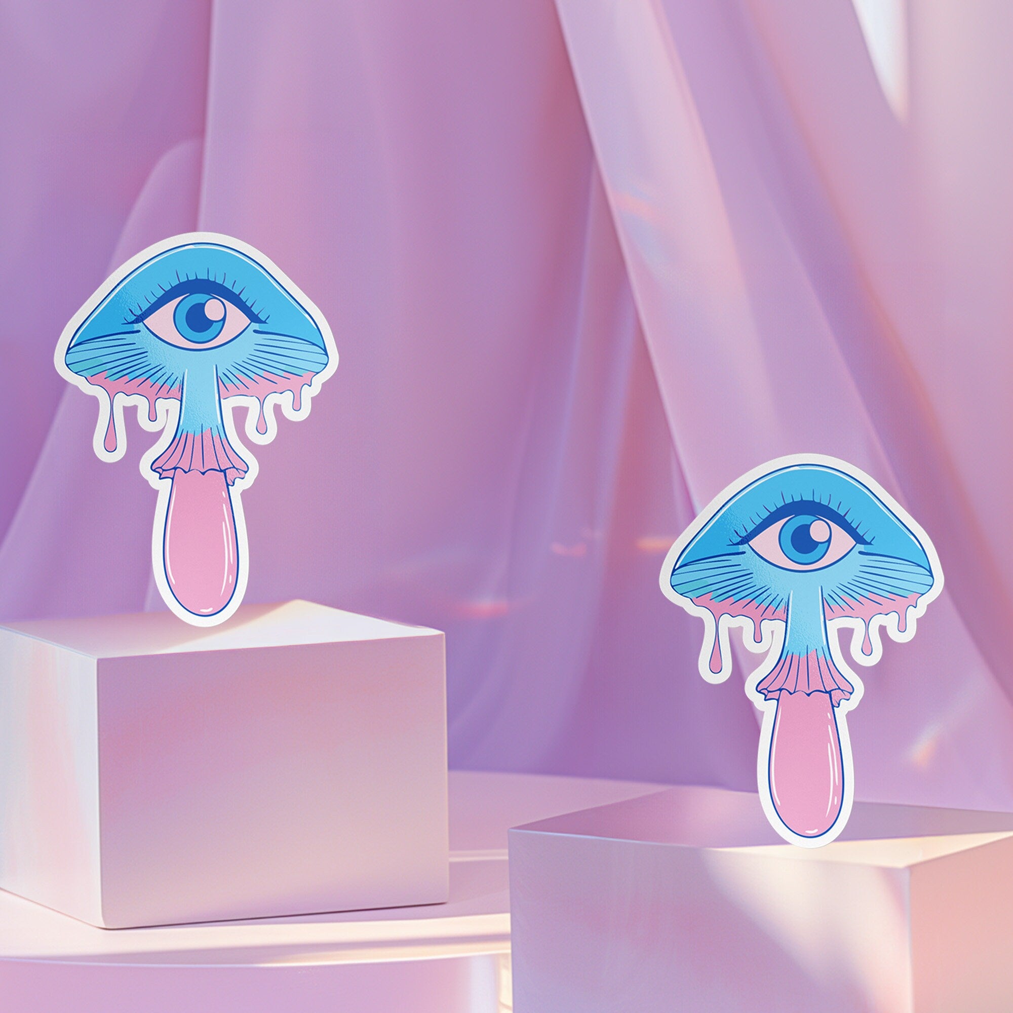 Surreal eyeball mushroom sticker in pastel colors, ideal for decorating laptops, phones, and water bottles. Available in Prism, Gem, and Glitter finishes. Handmade in Austin, Texas.