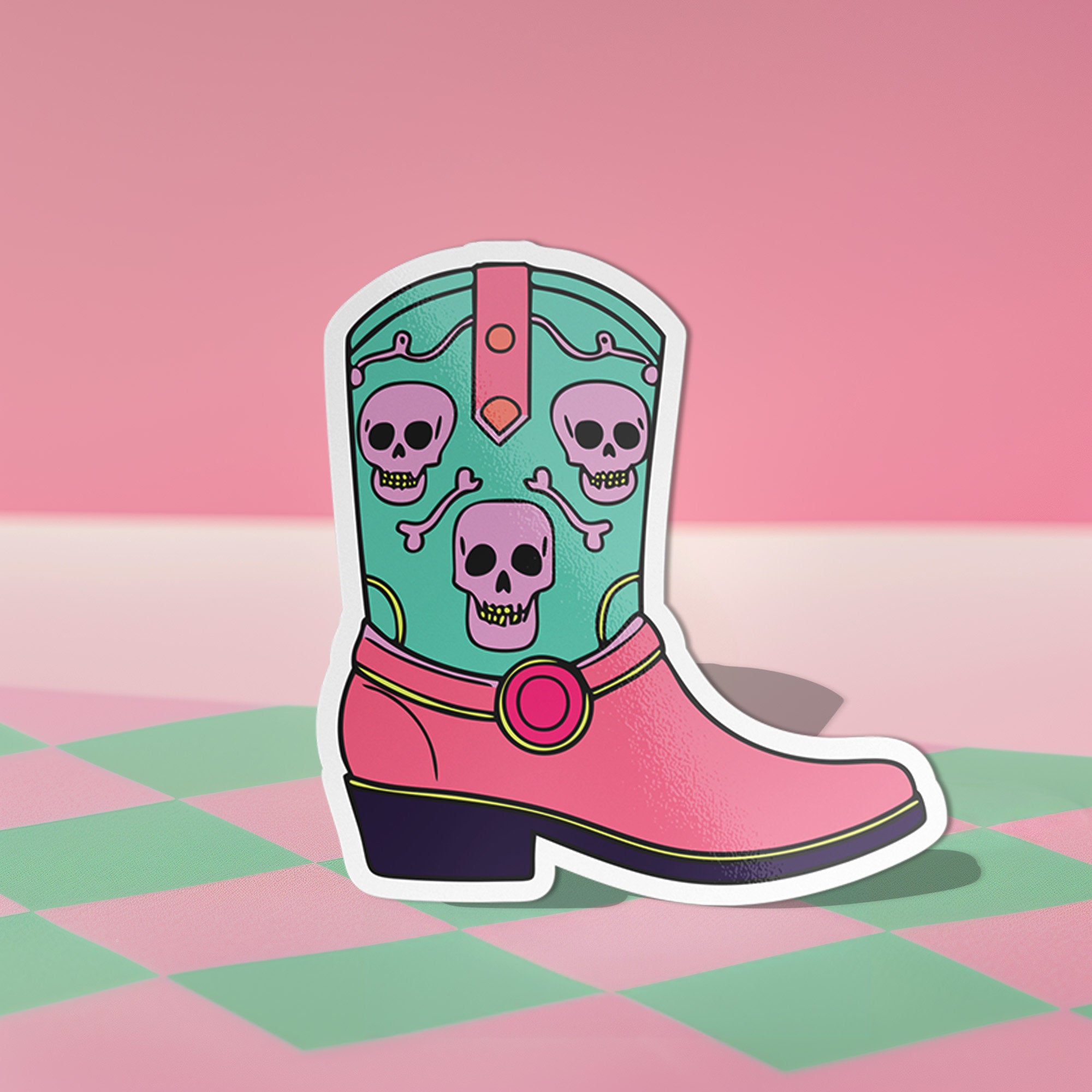 Colorful Goth Cowgirl Boot Sticker with teal and pink boot and skulls, perfect for adding a spooky and quirky touch to your belongings.