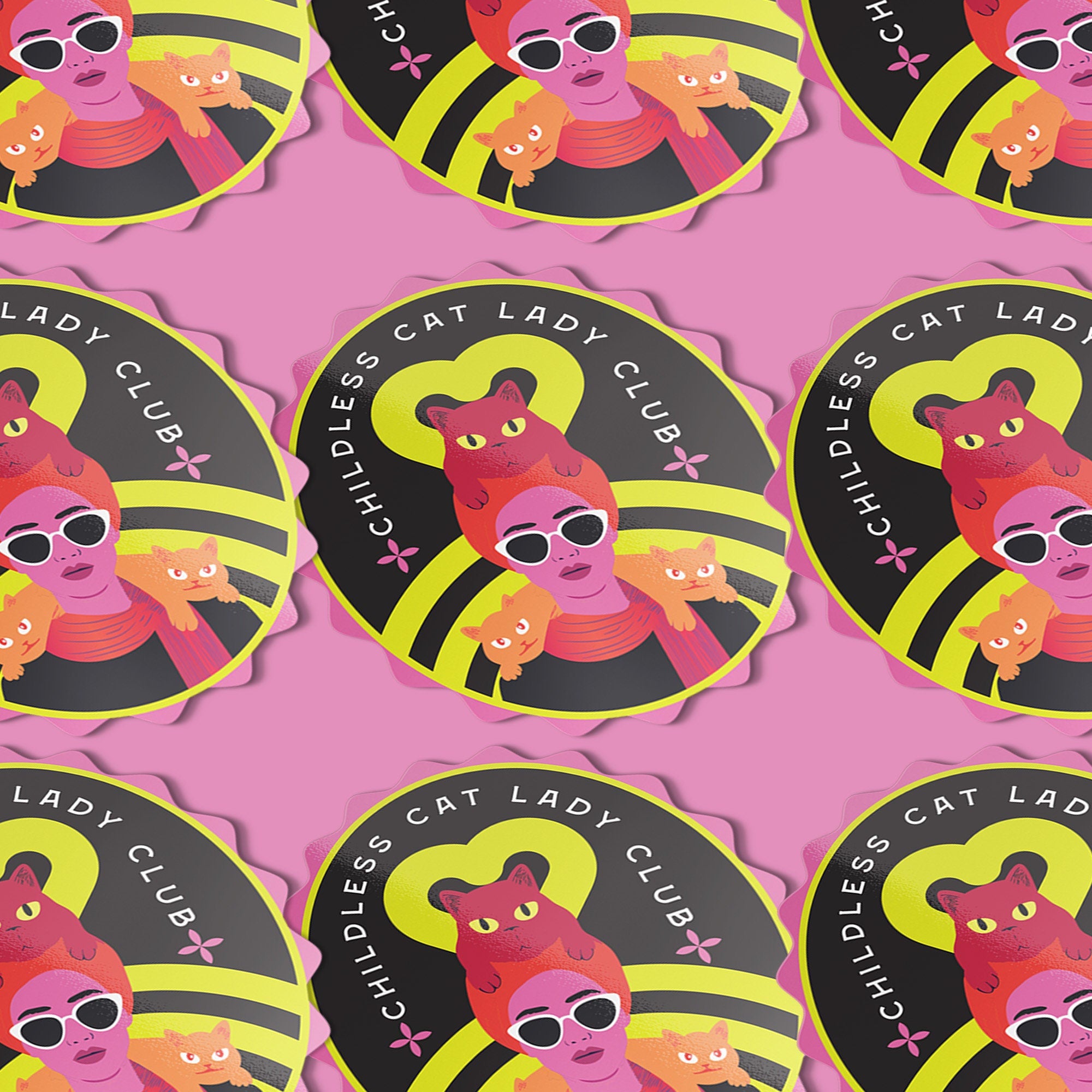 Vibrant oval sticker reading "Childless Cat Lady Club". Features cartoon woman with sunglasses surrounded by cats. Bold retro design in pink, yellow, and red.