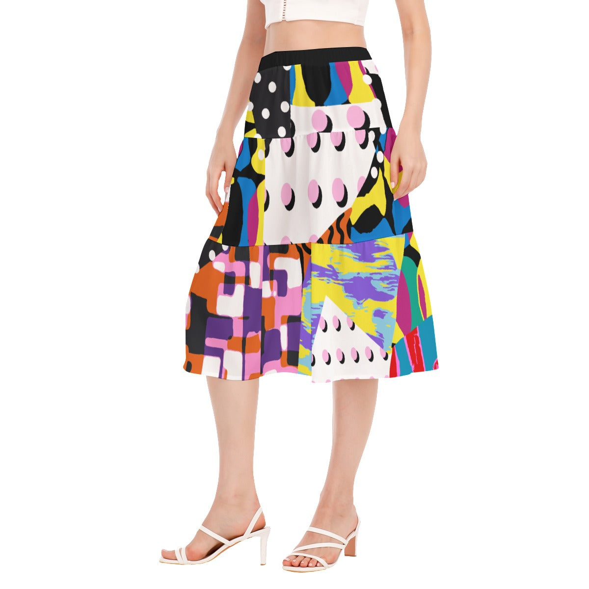 Patchwork Multi Print Pleated Midi Skirt